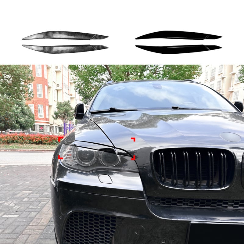 Sticker za karoseriju BMW X6 E71 – obrva prednjih svjetala (2008–2014) – ABS, uzorak crno-ugljeni karbon, samolijepljiva montaža, prilagodljiva obrada