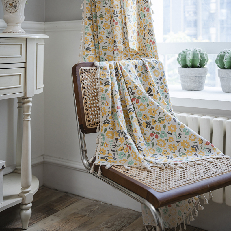 Κουρτίνα με φλοράλ εκτύπωση και φούντες, βαμβακερή, ημιδιαφανής, για γωνιακό παράθυρο