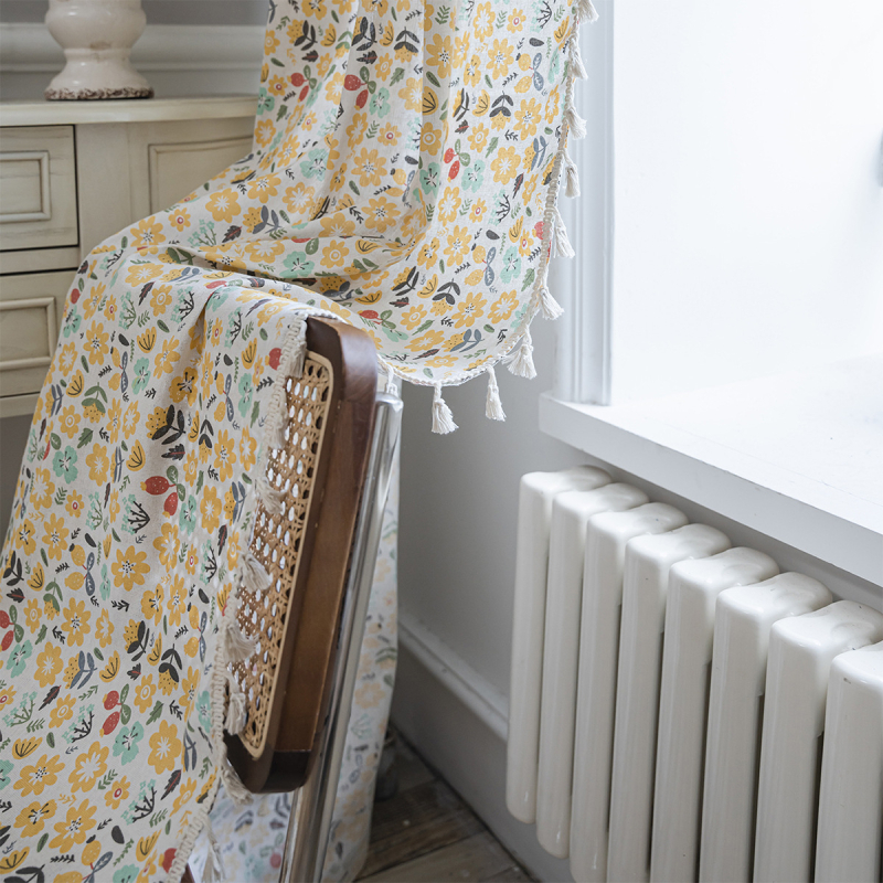 Κουρτίνα με φλοράλ εκτύπωση και φούντες, βαμβακερή, ημιδιαφανής, για γωνιακό παράθυρο