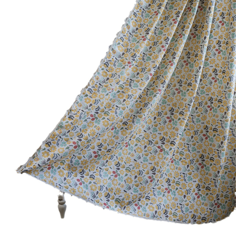 Κουρτίνα με φλοράλ εκτύπωση και φούντες, βαμβακερή, ημιδιαφανής, για γωνιακό παράθυρο