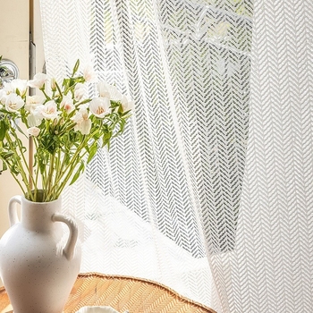 Bijela čipkasta prozirna zavjesa s uzorkom riblje kosti i džakardom, za dnevni boravak, balkon i spavaću sobu, pregradna zavjesa