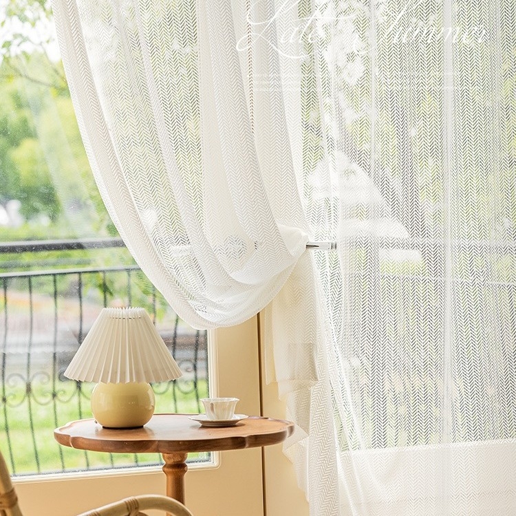 Bijela čipkasta prozirna zavjesa s uzorkom riblje kosti i džakardom, za dnevni boravak, balkon i spavaću sobu, pregradna zavjesa