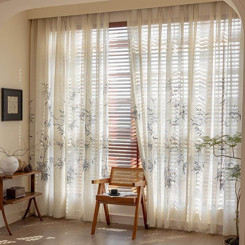 Poliesterska zavjesa za prozor s bambusovom gazom, lišćni uzorak, Novi kineski stil, propušta svjetlo