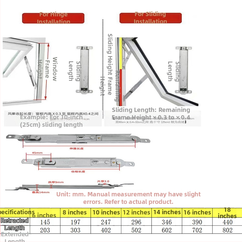 Telescopic wind brace pentru ferestre cu deschidere spre exterior, din oțel inoxidabil 304, compatibil cu pereți cortină