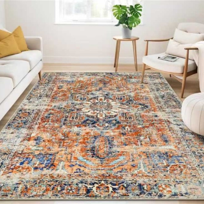 Kilim u turskom stilu za spavaću sobu i dnevni boravak, kvadratnog oblika, potpuno pokrivanje, otporan na mrlje i periv, perzijski stil, uzorak pruga i biljaka