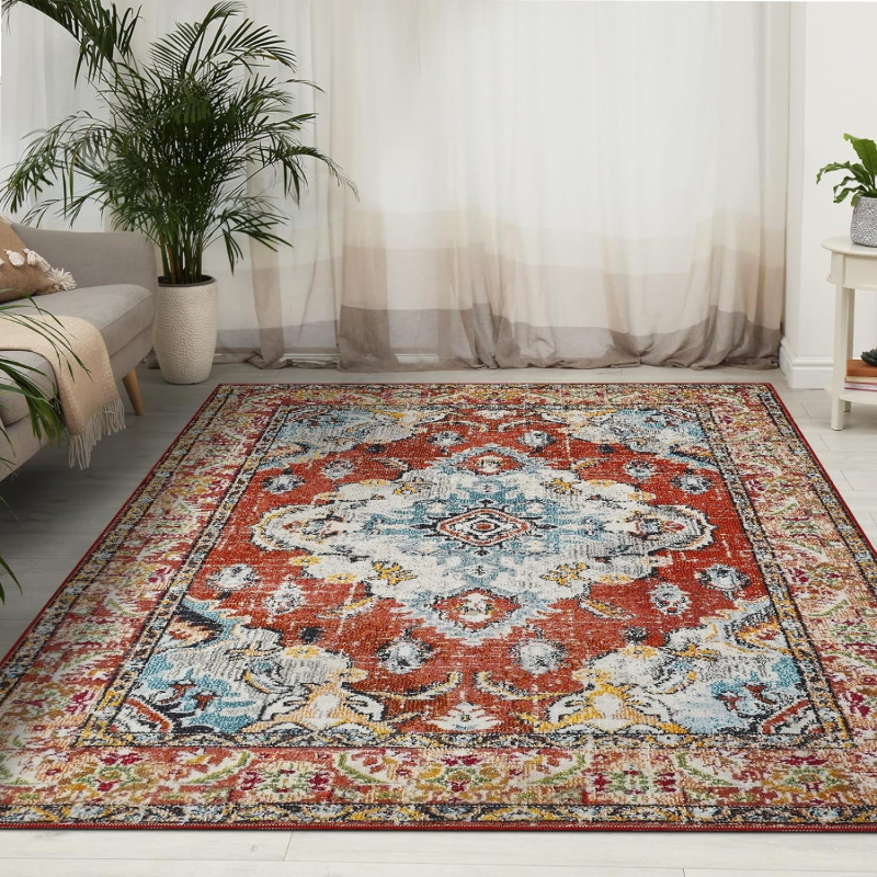 Kilim u turskom stilu za spavaću sobu i dnevni boravak, kvadratnog oblika, potpuno pokrivanje, otporan na mrlje i periv, perzijski stil, uzorak pruga i biljaka
