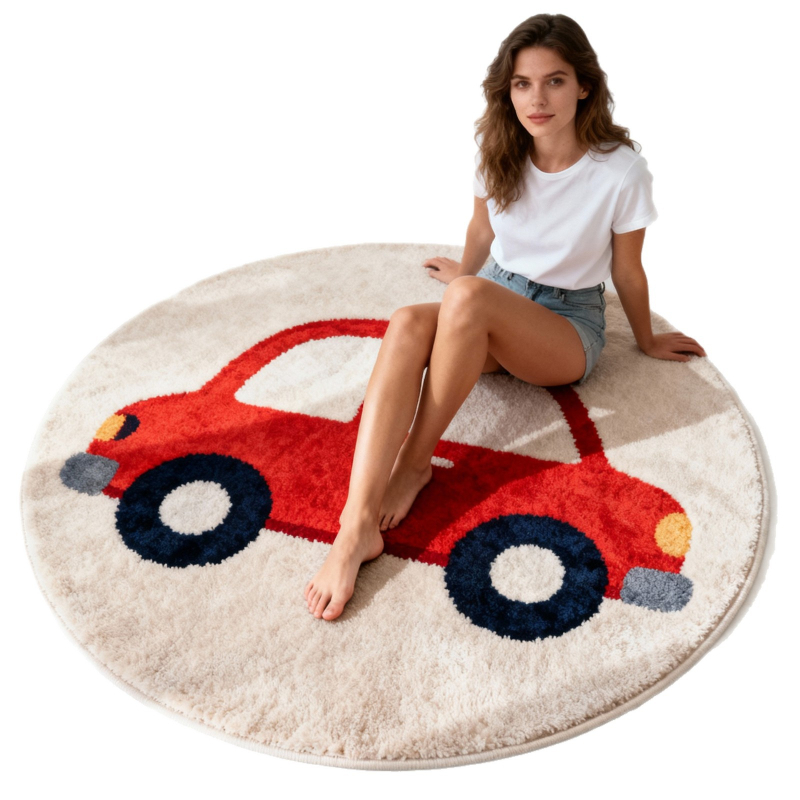 Okružni tepih s motivom malog autom, imitacija kašmira, za pranje, europski i američki stil