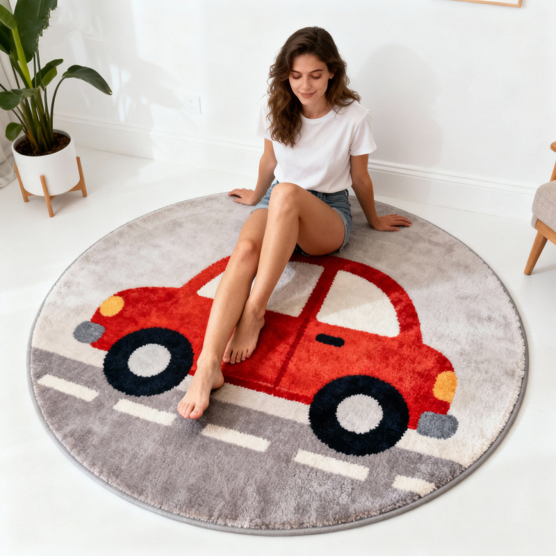 Okružni tepih s motivom malog autom, imitacija kašmira, za pranje, europski i američki stil
