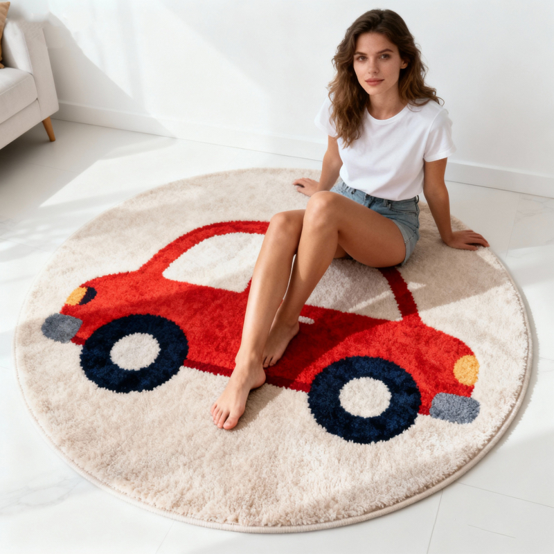 Okružni tepih s motivom malog autom, imitacija kašmira, za pranje, europski i američki stil