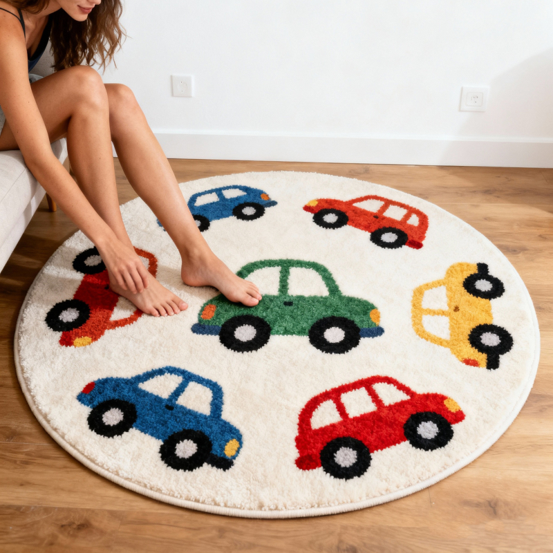 Okružni tepih s motivom malog autom, imitacija kašmira, za pranje, europski i američki stil