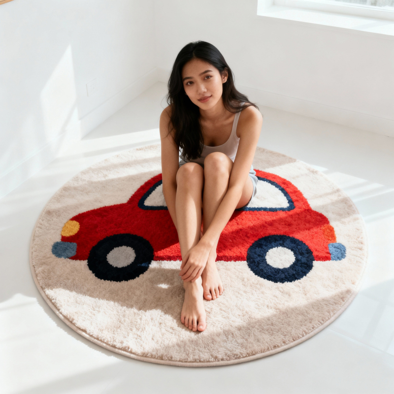 Okružni tepih s motivom malog autom, imitacija kašmira, za pranje, europski i američki stil