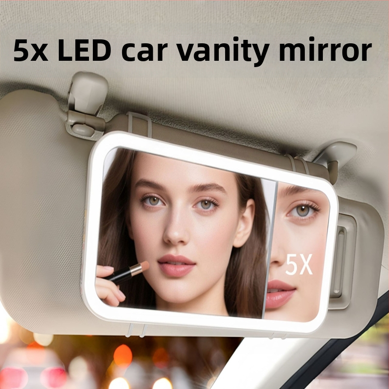 Automobilové LED zrkadlo na líčenie, 5x zväčšenie, dotykové ovládanie, HD osvetlenie, rám ABS, sklenená šošovka