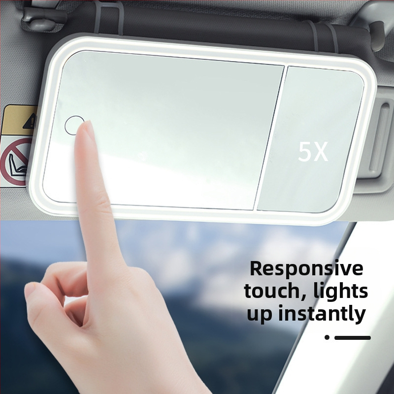 Automobilové LED zrkadlo na líčenie, 5x zväčšenie, dotykové ovládanie, HD osvetlenie, rám ABS, sklenená šošovka