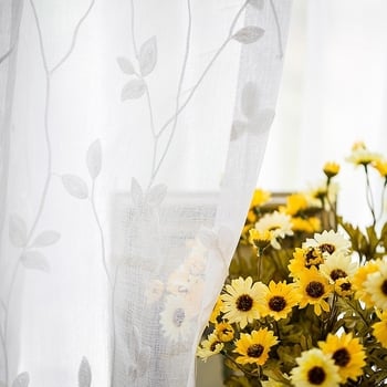 Zavjesa za prozor u pastoralnom stilu s motivom vrbinih listova, poliester, izšiven, poluotamnjenje 40–70%, za dnevni boravak, spavaću sobu i balkon, prozor od poda do poda
