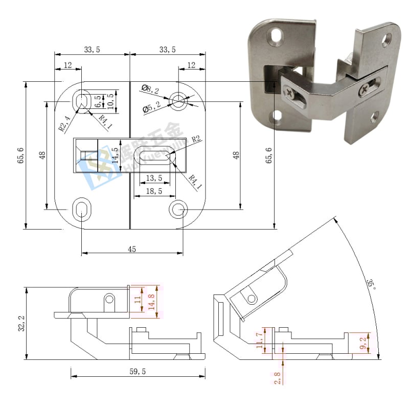 Odvojivi kutni zglob ormarića s dvostrukim vratima, legura cinka, elektrogalvanski završni premaz, model DYLA004