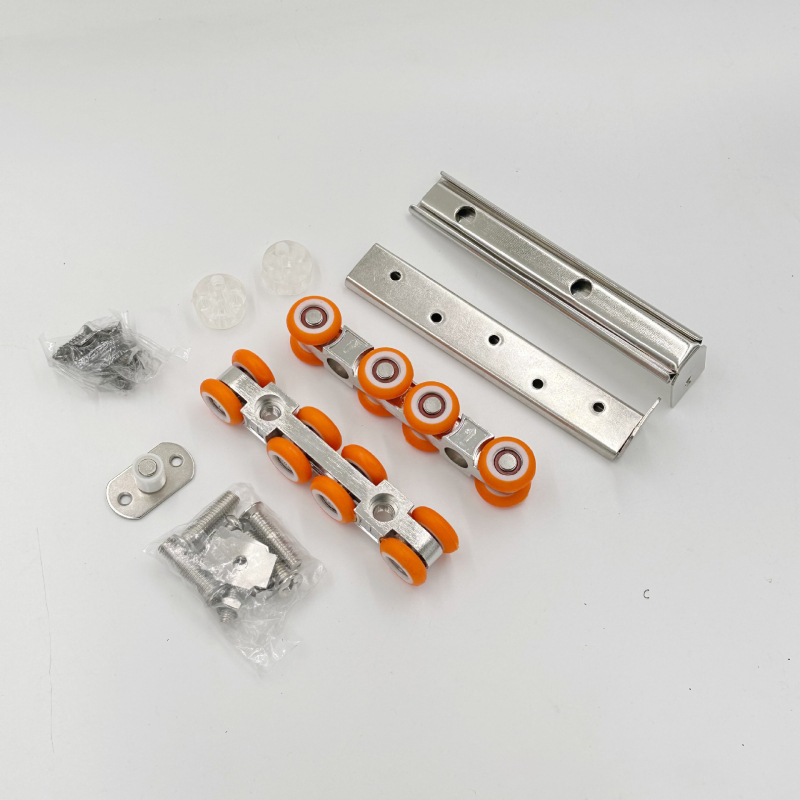 Hardver pentru uși glisante: roată suspendată silențioasă, șină ghidare din aliaj fier-zinc, încărcare 120 kg, pentru uși din lemn și bucătării, stil modern minimalist.