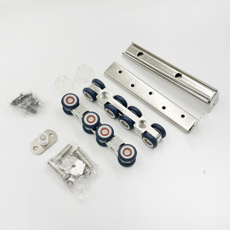 Hardver pentru uși glisante: roată suspendată silențioasă, șină ghidare din aliaj fier-zinc, încărcare 120 kg, pentru uși din lemn și bucătării, stil modern minimalist.