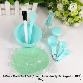 Σετ 9 τεμαχίων εργαλείων ομορφιάς προσώπου με μπολ για μάσκες, πινέλα, μετρητικό κουτάλι, σφουγγάρι καθαρισμού, φιάλη αφρού και ψεκαστήρα – Huangbao; καθαρό περιεχόμενο 50 g; συσκευασία 150 τεμάχια.