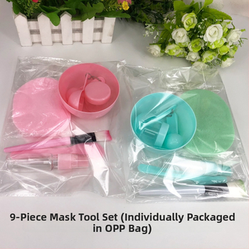 Σετ 9 τεμαχίων εργαλείων ομορφιάς προσώπου με μπολ για μάσκες, πινέλα, μετρητικό κουτάλι, σφουγγάρι καθαρισμού, φιάλη αφρού και ψεκαστήρα – Huangbao; καθαρό περιεχόμενο 50 g; συσκευασία 150 τεμάχια.
