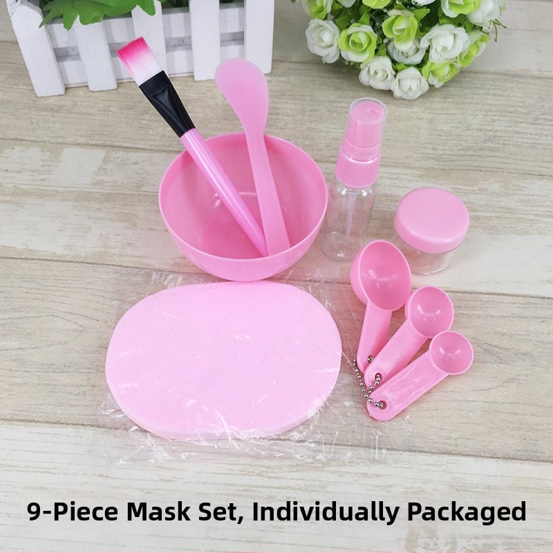 Σετ 9 τεμαχίων εργαλείων ομορφιάς προσώπου με μπολ για μάσκες, πινέλα, μετρητικό κουτάλι, σφουγγάρι καθαρισμού, φιάλη αφρού και ψεκαστήρα – Huangbao; καθαρό περιεχόμενο 50 g; συσκευασία 150 τεμάχια.