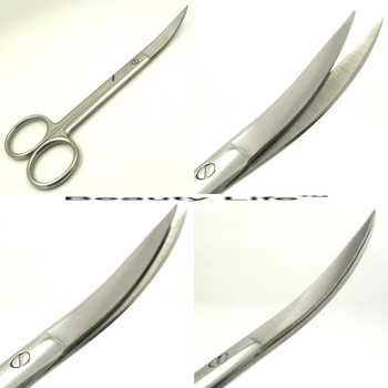 Nehrđajuće čelične škare za dvostruke kapke s zakrivljenom reznom rubom — kozmetički alat, tip: trim, materijal: nehrđajući čelik, rok trajanja: 1 godina