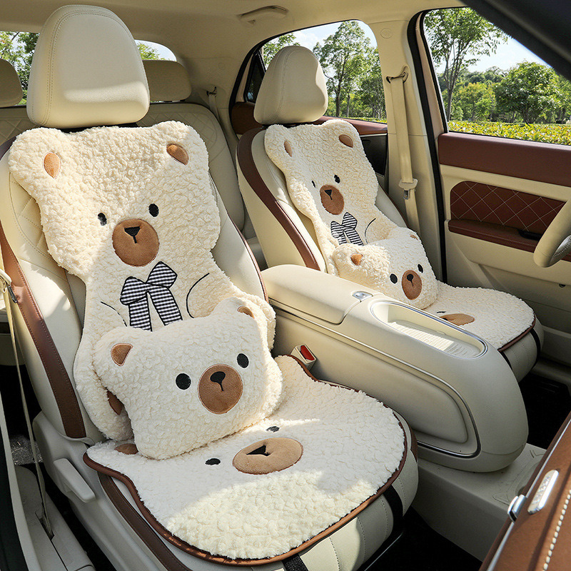 Set de trei perne pentru scaunul auto, iarnă, potrivire universală pentru scaunul șoferului, suprafață pluș moale, antiaderent, design urs desen animat