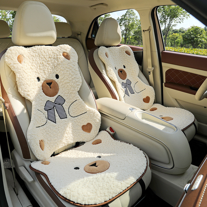 Set de trei perne pentru scaunul auto, iarnă, potrivire universală pentru scaunul șoferului, suprafață pluș moale, antiaderent, design urs desen animat
