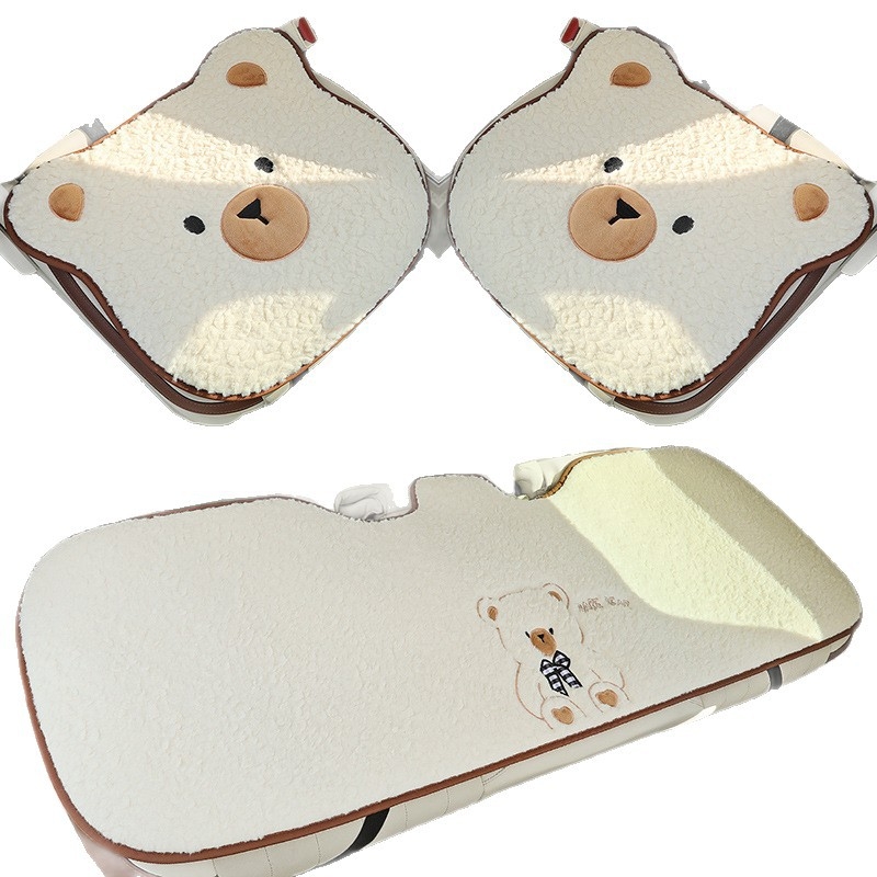 Set de trei perne pentru scaunul auto, iarnă, potrivire universală pentru scaunul șoferului, suprafață pluș moale, antiaderent, design urs desen animat