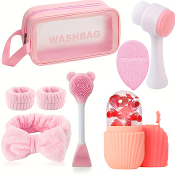 Комплект тоалетни принадлежности и грижа за лице, включва ледена формичка за лице, четка за измиване на лице, яйце за красота и аксесоари за коса