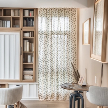 Draperie – amestec poliester-bumbac, semiîntunecare 40-70%, imprimat cu model frunze, potrivită pentru living și fereastra de colț