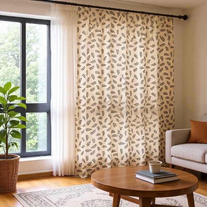 Draperie – amestec poliester-bumbac, semiîntunecare 40-70%, imprimat cu model frunze, potrivită pentru living și fereastra de colț