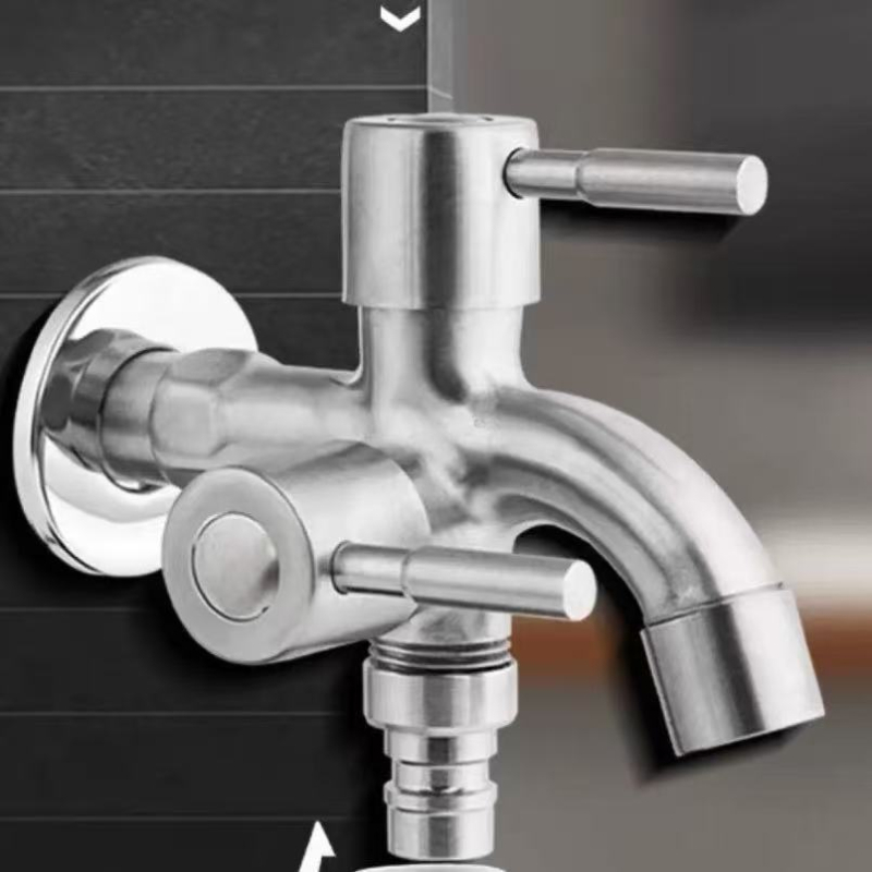 Robinet multifuncțional pentru mașina de spălat, 1 intrare, 2 ieșiri; oțel inoxidabil; montaj pe perete; model 304; intervalul de temperatură 0–90°C