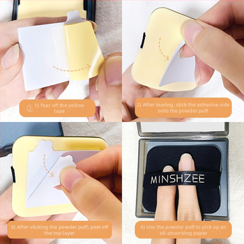 Хартия за попиване на мазнини с бамбуков въглен – модел M9104, преносим тип с пухче за пудра, подходяща за всички типове кожа, срок на годност 3 години.