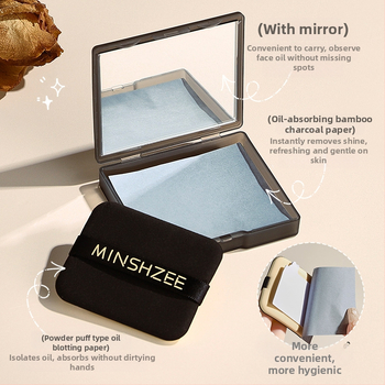 Хартия за попиване на мазнини с бамбуков въглен – модел M9104, преносим тип с пухче за пудра, подходяща за всички типове кожа, срок на годност 3 години.