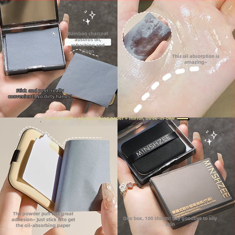 Хартия за попиване на мазнини с бамбуков въглен – модел M9104, преносим тип с пухче за пудра, подходяща за всички типове кожа, срок на годност 3 години.