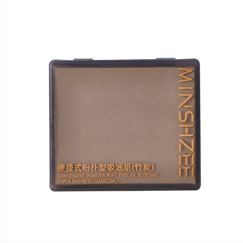 Хартия за попиване на мазнини с бамбуков въглен – модел M9104, преносим тип с пухче за пудра, подходяща за всички типове кожа, срок на годност 3 години.