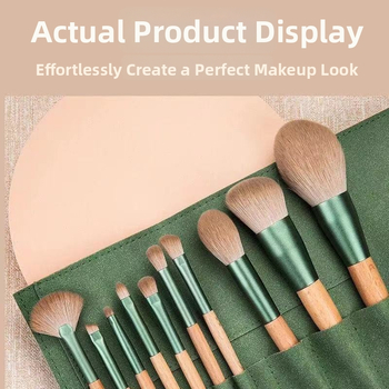 Set de pensule de machiaj (10 bucăți), pensulă pentru pudră; fibre sintetice ale perilor; mâner din lemn; lungimea perilor 3,5 cm; lungimea totală 14 cm
