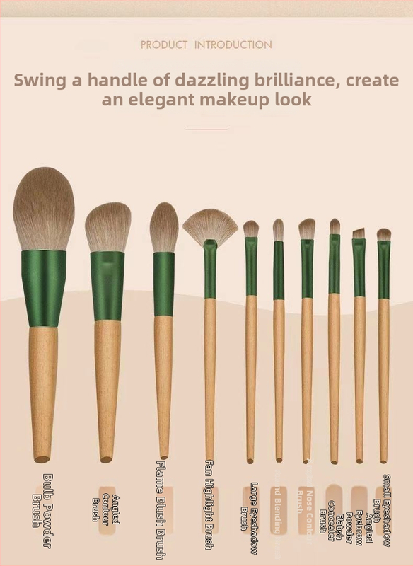 Set de pensule de machiaj (10 bucăți), pensulă pentru pudră; fibre sintetice ale perilor; mâner din lemn; lungimea perilor 3,5 cm; lungimea totală 14 cm