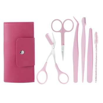 Šestdjelni set za oblikovanje obrva od nehrđajućeg čelika: škare za obrve, nož za obrve, klipsa za obrve, škare za trepavice, četkica za trepavice, prijenosna kožna futrola