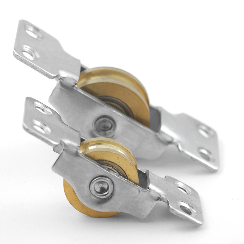 Rola/pulie pentru uși glisante cu rulmenți dubli – roată grea pentru șine; material oțel + cupru, grosime perete 2 mm, rază canelură pentru frânghie 20 mm, model 388, sarcină maximă 200 kg