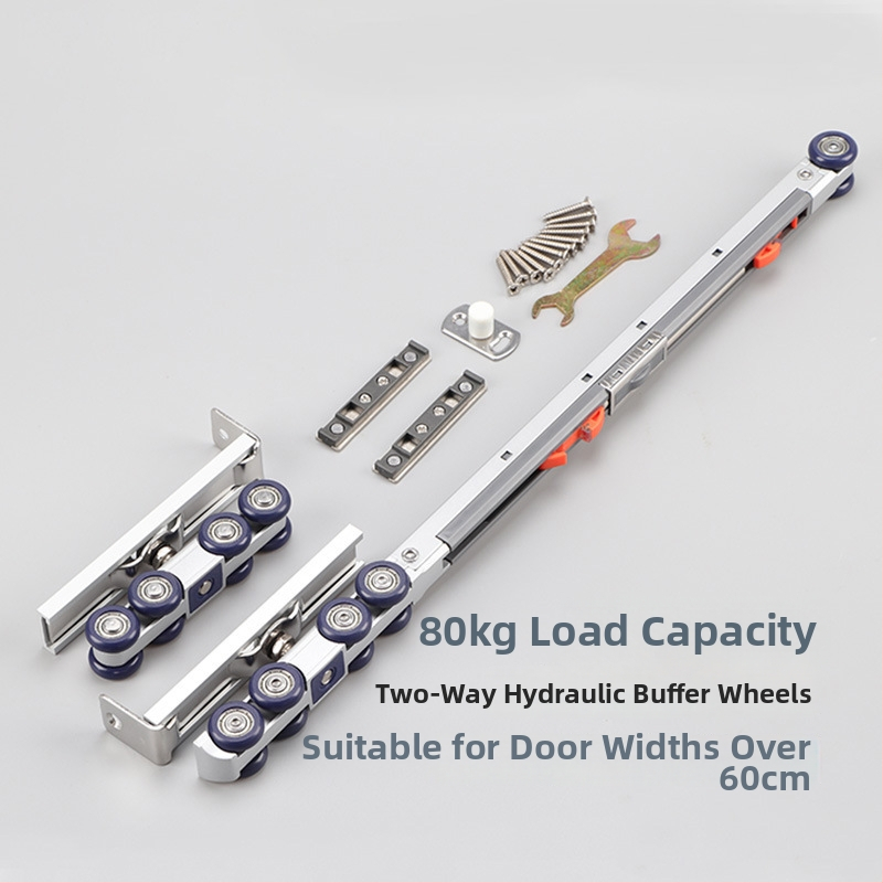 Двойно буферирани висящи колела за дървени врати (8 колела) — неръждаема стомана, Ø23 мм, вал 12 мм, носимост 80 кг