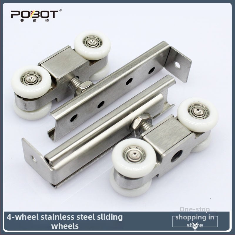 Неръждаем стомана – висещ ролков механизъм за плъзгаща врата – 4 колела, максимално натоварване 80 кг, вал диаметър 10 мм, радиус на жлеба за въже 17 мм, модел PBT-204