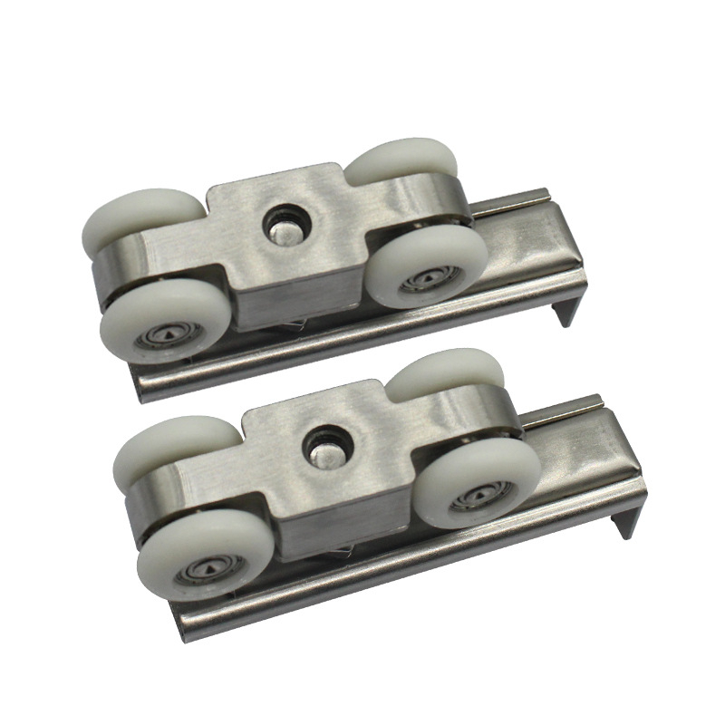 Неръждаем стомана – висещ ролков механизъм за плъзгаща врата – 4 колела, максимално натоварване 80 кг, вал диаметър 10 мм, радиус на жлеба за въже 17 мм, модел PBT-204