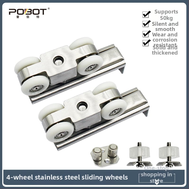 Неръждаем стомана – висещ ролков механизъм за плъзгаща врата – 4 колела, максимално натоварване 80 кг, вал диаметър 10 мм, радиус на жлеба за въже 17 мм, модел PBT-204