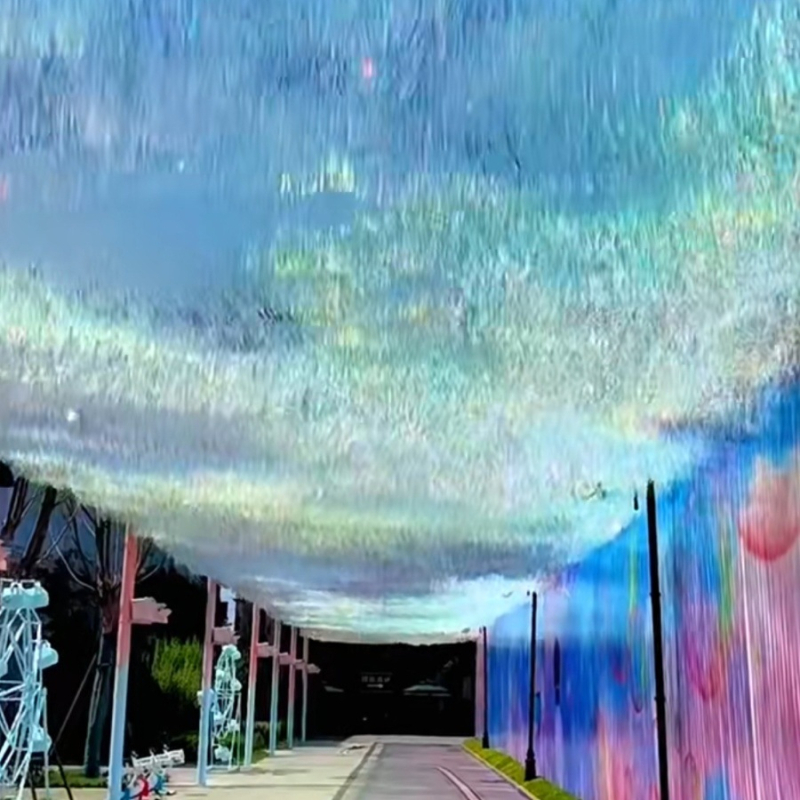 Γαλαξιακός θόλος διακόσμησης χώρων – εγκατάσταση οροφής με κουρτίνα βροχής, φόντο τοίχου με λέιζερ, λεπτομέρειες από κορδέλες