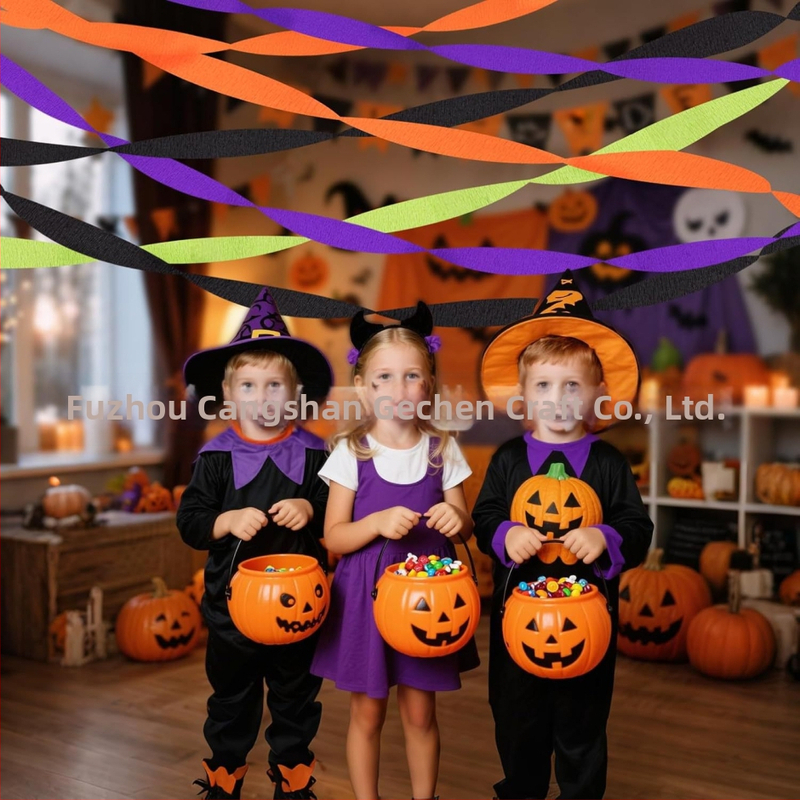 Gechen Halloween dekor z krepp papiera – streamery, girlandy a stuhy, papierový materiál, pre domovú výzdobu a usporiadanie priestoru