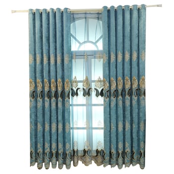 Draperie pentru fereastră în stil european pentru living și dormitor, țesătură chenille + voal gazos, finisaj brodat, capăt plat, decorativ și cu umbrire completă