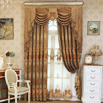 Draperie pentru fereastră în stil european pentru living și dormitor, țesătură chenille + voal gazos, finisaj brodat, capăt plat, decorativ și cu umbrire completă