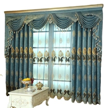 Draperie pentru fereastră în stil european pentru living și dormitor, țesătură chenille + voal gazos, finisaj brodat, capăt plat, decorativ și cu umbrire completă