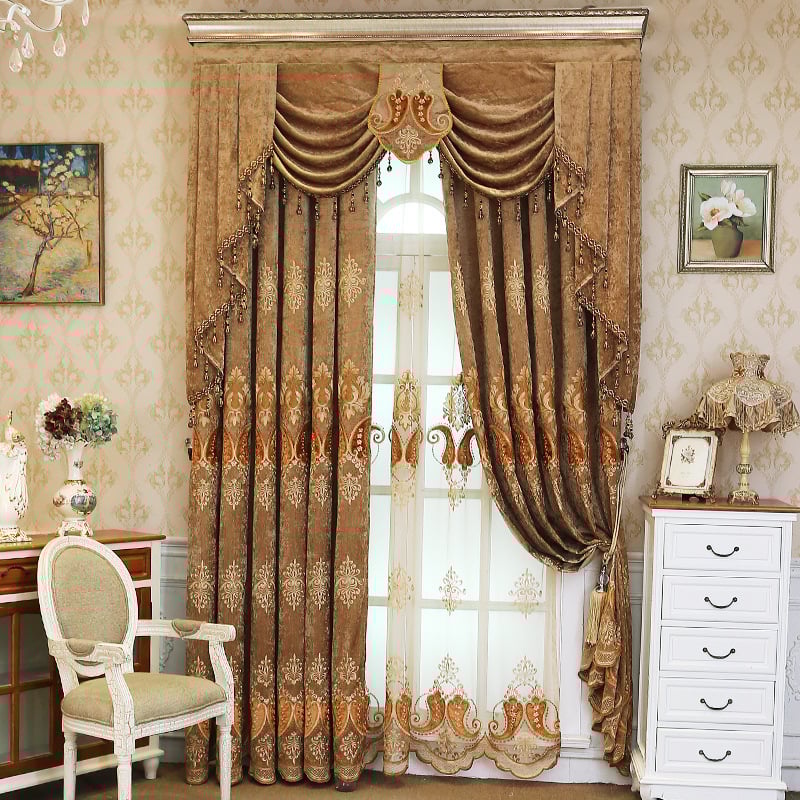 Draperie pentru fereastră în stil european pentru living și dormitor, țesătură chenille + voal gazos, finisaj brodat, capăt plat, decorativ și cu umbrire completă